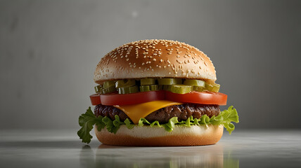 A delicious chicken burger placed on a clean white background, featuring a golden crispy chicken patty layered with fresh lettuce, tomato, and melted cheese inside a soft sesame bun.