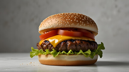 A mouthwatering chicken burger with a crispy golden patty, layered with lettuce, tomato, and creamy cheese, set against a plain white background.