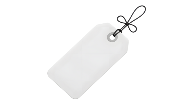 A blank white price tag with a black string tie, isolated on transparent background