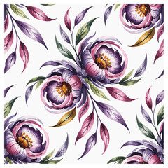 This exquisite seamless floral pattern features large hand-painted peony-like blossoms in rich shades of lavender, violet, and blush pink, surrounded by lush green and mauve leaves.