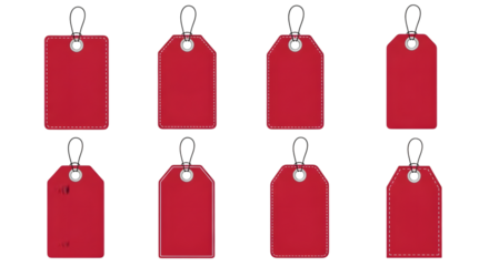Collection of eight red blank price tags with metal eyelets and rings, isolated on transparent background