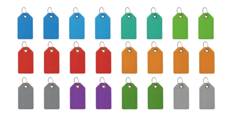 Collection of colorful blank price tags and labels isolated on transparent background, perfect for retail and organizational use