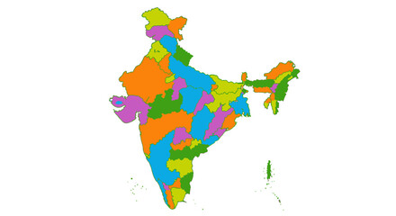 A colorful political map of India showing its various states and union territories with distinct borders and regions.