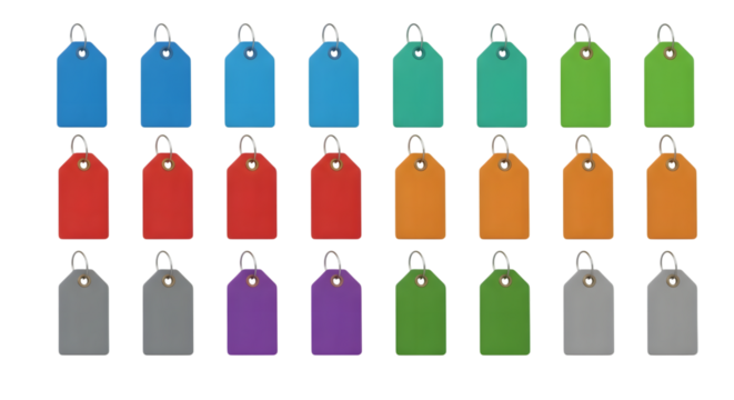 Collection of colorful blank price tags and labels isolated on transparent background, perfect for retail and organizational use - Powered by Adobe