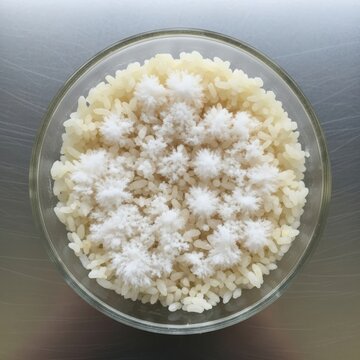 Rice Koji in Glass Bowl. Koji Rice Starter for Fermentation. Aspergillus Oryzae Fungus. Food Culturing. Molded Rice