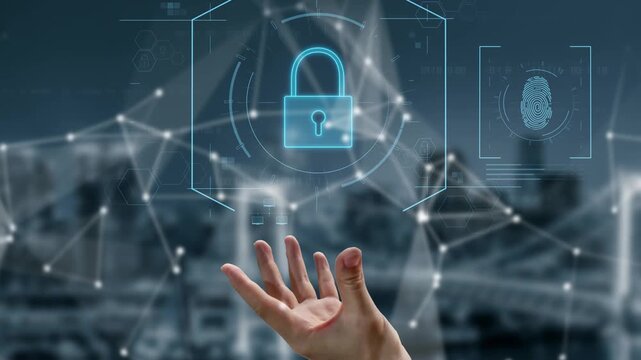 Digital cyber security lock system highlighting data security encryption, cyber password protection, fingerprint ID, cloud storage safety, and cyber security for online access Marrow