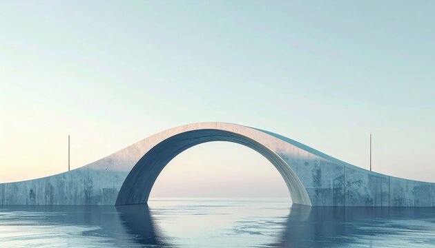 A minimalist concrete arch bridge spanning over a calm, reflective body of water under a clear sky.
