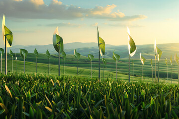Golden sunset over lush green field with tall reeds