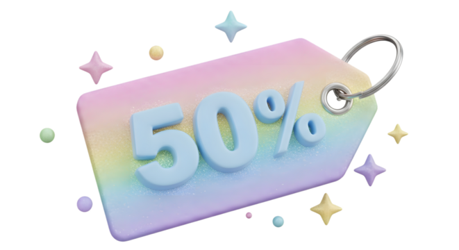 A pastel rainbow colored gift tag with 50 written on it, isolated on transparent background, surrounded by sparkling stars and small circles