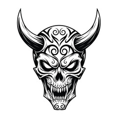 Fierce demon skull with large pointed horns and intricate tribal markings silhouette