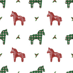 Watercolor seamless pattern with horses silhouette in traditional Christmas colors, new year symbol, on transparent background 