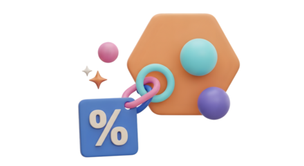 3d rendering of a blue square tag with a percentage symbol, linked to a geometric shape with colorful spheres, isolated on transparent background