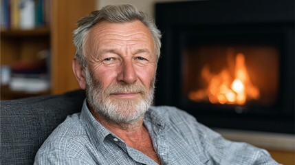 Senior man with gray hair and beard, sitting comfortably in a cozy living room, smiling warmly while a fireplace glows softly in the background, creating an inviting and relaxed atmosphere