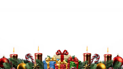 Warm holiday spirit with festive gifts, ornaments and candy canes, glowing candles for Christmas cheer and a cozy, magical winter celebration