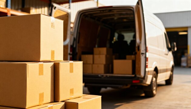 Stacked cardboard boxes in foreground with a white delivery van being loaded at a warehouse loading dock.