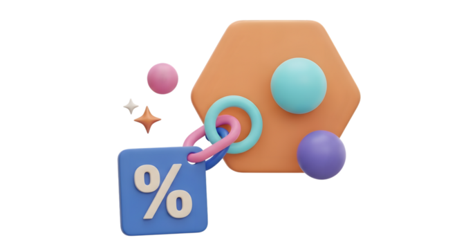 3d rendering of a blue square tag with a percentage symbol, linked to a geometric shape with colorful spheres, isolated on transparent background
