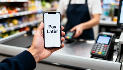 Customer using mobile phone for deferred payment option at retail store checkout counter.