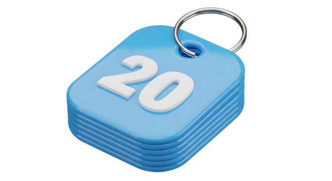 A light blue plastic tag with the number 20 on it, attached to a metal keyring, isolated on transparent background