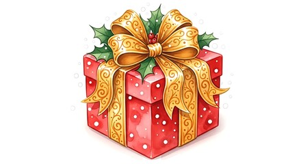 A festive red gift box is adorned with a golden ribbon and holly leaves.