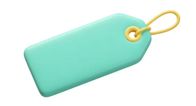 A blank teal price tag with a yellow loop, isolated on transparent background