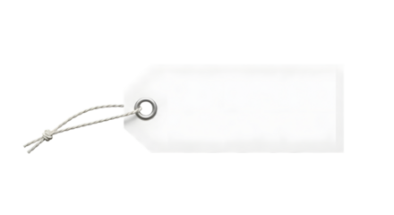 Blank white rectangular tag with a string tied through a metal eyelet, isolated on transparent background