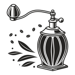 Vintage Coffee Grinder with Flying Beans and Leaves Isolated on White Background Keywords: coffee