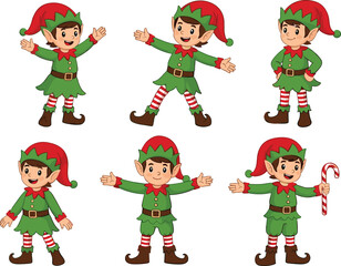 Christmas elves cartoon set, festive holiday characters, cheerful seasonal design, red green outfits, playful decoration, holiday celebration, traditional Christmas illustration, candy cane