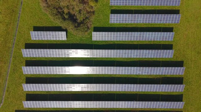 Overhead view of the solar panels on the field 