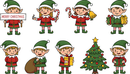 Christmas elves with gifts, candy canes, festive toys, holiday snowman, decorated Christmas tree, cheerful seasonal characters, holiday celebration, playful festive illustration