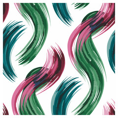 This bold seamless abstract pattern features flowing brushstroke waves in dynamic shades of green, pink, teal, and maroon on a white background. The sweeping strokes create a sense of rhythm, texture.