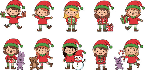 Christmas elves with gifts, festive holiday characters, candy canes, toys, snowman, cheerful decoration, seasonal cartoon design, playful holiday illustration, celebration