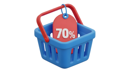 A blue shopping basket with a red tag showing 70 discount, isolated on transparent background