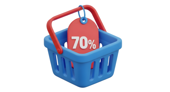 A blue shopping basket with a red tag showing 70 discount, isolated on transparent background