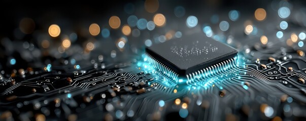 Close-up of a glowing microchip with circuit board in the background