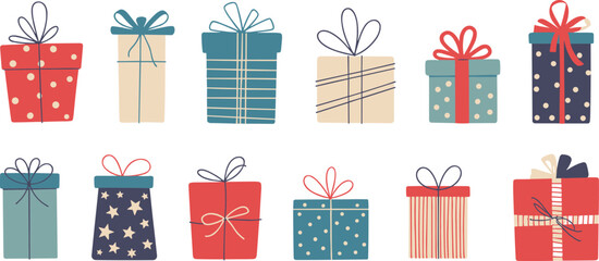 Christmas gift boxes, festive holiday presents, wrapped gifts with ribbons, colorful celebration packages, decorative boxes, party design, seasonal illustration, cheerful background
