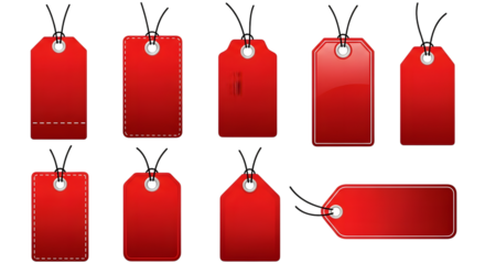 Collection of various red price tags and gift tags with strings, isolated on transparent background
