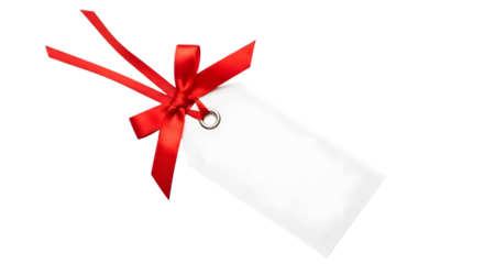 A blank white gift tag with a red satin ribbon bow and strings, isolated on transparent background