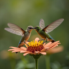 Hummingbird frozen mid flight drinking nectar from a flower