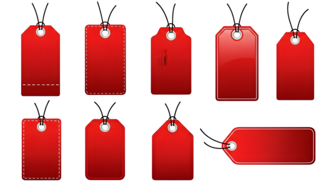 Collection of various red price tags and gift tags with strings, isolated on transparent background
