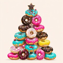 Stack of colorful glazed and sprinkled donuts artistically arranged in shape of festive Christmas tree topped with star