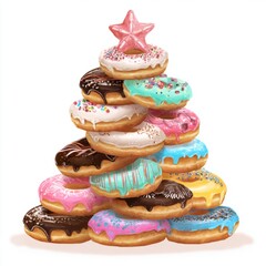 Stack of colorful glazed donuts forming a festive holiday tower shape topped with pink star