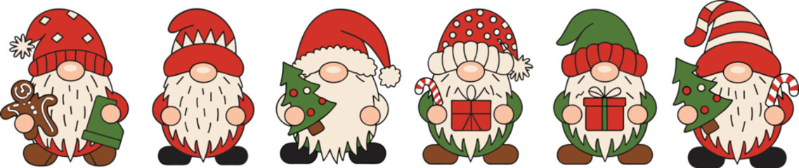 Christmas gnomes collection, festive cartoon characters with gifts, candy cane, gingerbread, Christmas tree, holiday decorations, seasonal illustration assets, winter celebration design
