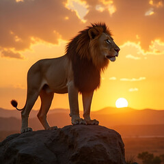 majestic lion standing on a rock during golden sun
