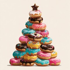 Stack of colorful frosted donuts arranged in pyramid shape topped with chocolate star