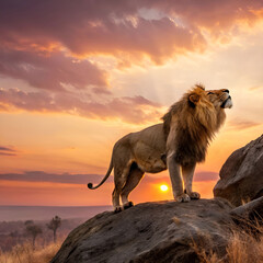 majestic lion standing on a rock during golden sun