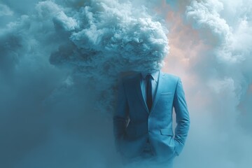 Man in suit standing with a cloudy mind on a bright day, looking up into the sky and thinking