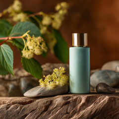 Serene mint green cosmetic bottle with gold cap rests on textured rock beside delicate yellow blossom and lush green foliage