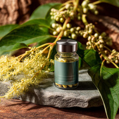 Glass supplement bottle with metal cap rests on rough stone surface surrounded by lush green foliage and pale yellow bloom.