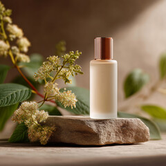 Elegant cosmetic bottle with copper cap rests upon natural stone beside delicate white blooming foliage in soft light