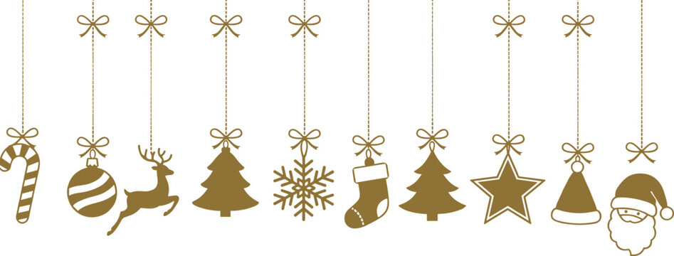 Christmas icons, golden holiday decorations, festive hanging ornaments, Santa Claus, reindeer, snowflake, candy cane, stocking, star, tree, celebration design